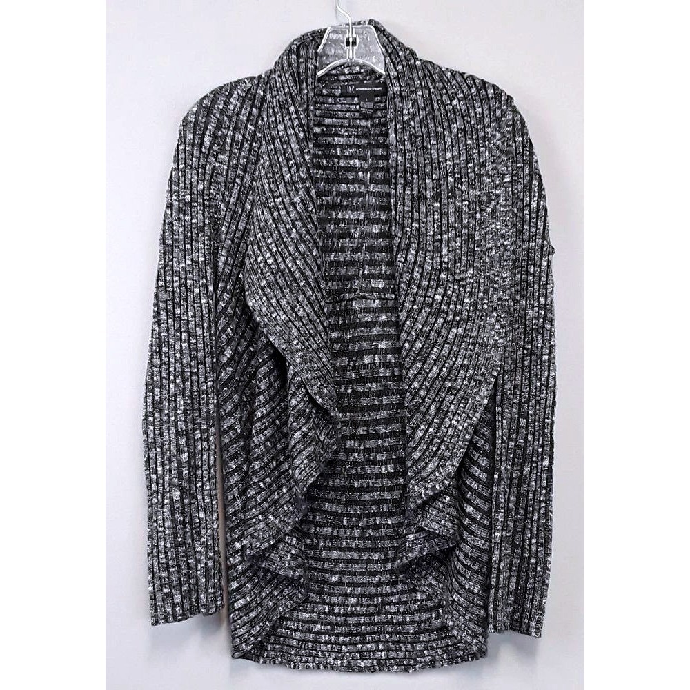 INC International Concepts Cardigan Womenss L Black Metallic Ribbed Draped Open